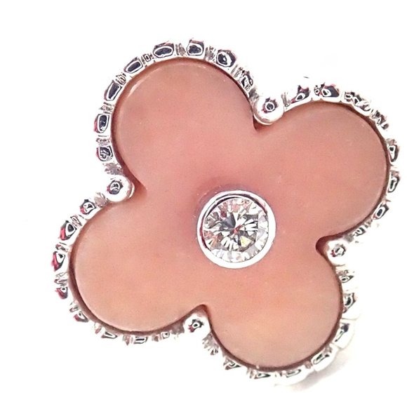 Authentic! Van Cleef & Arpels Alhambra 18k White Gold Pink Opal Diamond Ring - Picture 1 of 8